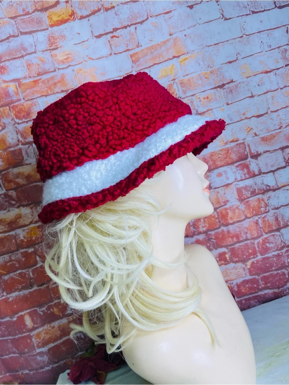Holiday Time Red and White Fuzzy Ponytail Bucket Hat Hat